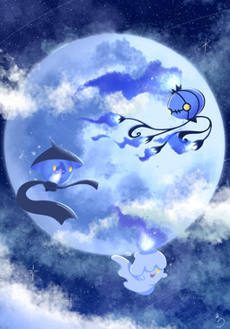 ambiguous_gender cloud colored_fire fire flying group moon open_mouth purple_fire sky star starry_sky trio white_body yellow_eyes natu_a0z0ra nintendo pokemon animate_inanimate chandelure generation_5_pokemon lampent litwick pokemon_(species) 2025 hi_res signature