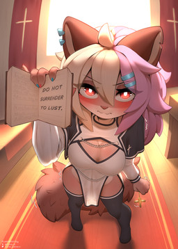anthro blush book christian_cross christian_symbol clothing colored_nails cross female fur legwear looking_at_viewer multicolored_body multicolored_fur nails nun_outfit red_eyes religion religious_symbol solo stockings tail text tuma_tt christianity dun_dun domestic_ferret mammal mustelid musteline true_musteline weasel absurd_res english_text hi_res