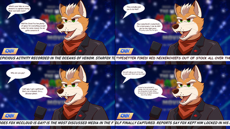 anthro black_nose clothed clothed_anthro clothed_male clothing dialogue electronics fangs fur green_eyes hair humor interview male microphone multicolored_body multicolored_fur news news_report offscreen_character orange_body orange_fur solo speech_bubble teeth text tongue two_tone_body two_tone_fur whiskers white_body white_fur white_hair ventkazemaru nintendo star_fox the_super_mario_galaxy_movie fox_mccloud canid canine fox mammal comic english_text hi_res