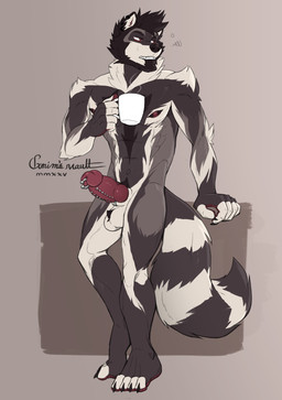 4_toes 5_fingers abs animal_genitalia annoyed anthro arm_tuft ball_tuft balls big_balls big_penis biped black_body black_claws black_fur black_markings black_nose broad_shoulders cheek_tuft chin_tuft claws coffee_mug crotch_tuft dipstick_fingers dipstick_toes elbow_tuft erection facial_tuft fangs feet finger_claws fingers fluffy fluffy_tail frenum_ladder frenum_piercing full_foot_pawpads fur genital_piercing genitals grey_background grey_body grey_fur grey_markings hand_on_object head_tuft holding_coffee_mug holding_object inner_ear_fluff knot knotted_penis ladder_piercing leaning_on_object logo long_tail male markings multicolored_body multicolored_fur muscular muscular_anthro muscular_male narrowed_eyes navel neck_tuft nipples nude nude_anthro nude_male parted_lips pawpads paws penis penis_piercing piercing pink_nipples pink_pawpads pink_penis plantigrade prince_albert_piercing pubes red_eyes retracted_sheath ring_(marking) ringed_tail roman_numeral serratus sharp_teeth sheath shoulder_tuft simple_background snout solo steam striped_markings striped_tail stripes tail tail_markings teeth text toe_claws toes tuft white_body white_fur white_markings grimsvault wyll_(wyllraccoon) mammal procyonid raccoon 2025 artist_logo artist_name watermark