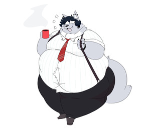 anthro bar_emanata barbell_piercing belly beverage big_butt biped black_hair butt button_(fastener) claws clothed clothing coffee container cup ear_piercing emanata eyewear fur glasses grey_body grey_fur hair holding_beverage holding_container holding_cup holding_mug holding_object male moobs mug multiple_piercings necktie obese obese_anthro obese_male open_mouth open_smile overweight overweight_anthro overweight_male piercing simple_background smile solo standing steam straining_buttons suspenders suspenders_pull thick_thighs tight_clothing white_background wide_hips wllyswrld canid canine canis mammal wolf 6:5 hi_res