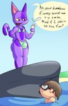 anthro big_bulge bikini bikini_top bulge clothing duo male swimwear text two-piece_swimsuit mazilion animal_crossing nintendo bob_(animal_crossing) domestic_cat felid feline felis human mammal english_text hi_res