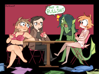bra breasts brown_hair card clothed clothing clothing_aside eyewear female freckles glasses green_body green_hair group hair multicolored_body orange_hair panties playing_card profanity simple_background speech_bubble tail underwear penturice alice_(penturice) ida_(penturice) sam_(penturice) sarah_(penturice) avian bird fish human mammal marine watermark