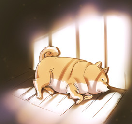 ambiguous_gender countershading curled_tail feral fur lying on_ground orange_body orange_fur paws snout solo tail bow_(artist) canid canine canis domestic_dog mammal shiba_inu spitz 2025