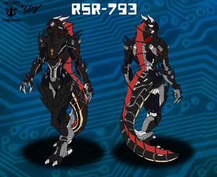 2_toes armor black_body claws feet fin fingers flamethrower horn machine male ranged_weapon red_body screen screen_face silver_body solo spikes synthetic tail tail_fin text toes weapon frooby android humanoid robot synth_(vader-san) digital_media_(artwork) flat_colors hi_res model_sheet