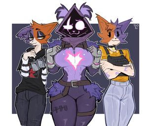 anthro arm_tattoo arm_tuft belt big_breasts breasts choker clothing crossed_arms ear_piercing eye_scar eyeshadow facial_scar fangs female group hoodie jewelry leg_tuft makeup necklace orange_body piercing purple_body scar shoulder_tuft tattoo teeth thigh_tuft topwear trio tuft white_body yellow_eyes bat_bad epic_games fortnite cate_meowdy meow_skulls raven_team_leader bear calico_cat domestic_cat felid feline felis mammal 2025 absurd_res digital_drawing_(artwork) digital_media_(artwork) hi_res