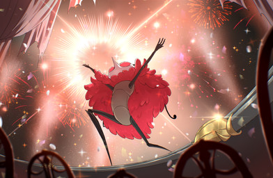 4_fingers ambiguous_gender anthro biped curtains empty_eyes fingers fur low-angle_view neck_tuft pose raised_arms red_eyes solo sparkles tuft hsyenemy hollow_knight:_silksong hollow_knight_(franchise) team_cherry trobbio_(hollow_knight:_silksong) arthropod hi_res male_(lore)