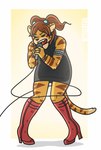 ambiguous_gender anthro blush body_hair boots brown_hair cheek_marks clothed clothing countershading curled_hair ear_piercing electronics eyes_closed footwear fur hair high_heeled_boots high_heels jewelry long_hair markings microphone open_mouth piercing ponytail screaming shoes simple_background singing slightly_chubby solo striped_markings stripes tail topwear mytigertail gabe_(mytigertail) felid mammal pantherine tiger digital_media_(artwork) hi_res