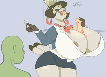 anthro areola areola_slip beak big_breasts black_hair breasts chalk cleavage clothed clothing dildo duo eyelashes eyewear female glasses hair half-closed_eyes huge_breasts hyper hyper_breasts narrowed_eyes nipple_slip nipples non-mammal_breasts non-mammal_nipples sex_toy text shamelesss la_pavita_pechugona anon pavita_pechugona avian bird galliform human mammal phasianid turkey 11:8 english_text