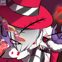 anthro anthro_on_anthro armwear big_breasts bodily_fluids breasts clothed clothing crossgender cum cum_in_mouth cum_inside eyelashes fangs fellatio female fur genital_fluids genitals gloves group hair handwear hat headgear headwear humanoid_on_anthro interspecies legwear male male/female one_eye_closed oral penile penis purple_body purple_skin saliva sex short_hair smile sweat teeth thick_thighs trio vein veiny_penis white_body white_fur white_hair usagi_star hazbin_hotel hellaverse angel_dust valentino_(hazbin_hotel) arachnid arthropod demon demon_humanoid humanoid insect lepidopteran moth spider 1:1 absurd_res hi_res