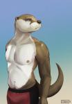 anthro athletic athletic_anthro athletic_male bottomwear brown_body brown_fur bulge clothed clothing fur male painting pants placid simple_background solo topless white_body white_fur otterboxed mammal mustelid otter 2019 absurd_res hi_res shaded simple_shading