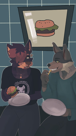 anthro burger cross cross_ear_piercing cross_ear_ring cross_piercing duo eating female food fries male male/female piercing restaurant scar battycat canid canine canis coyote domestic_dog mammal 9:16 absurd_res hi_res