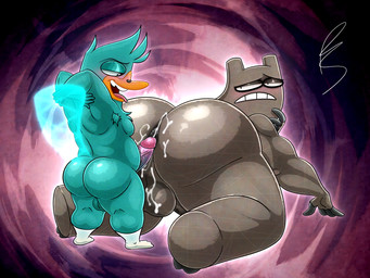 4_fingers anthro anus backsack ball_size_difference balls beak beak_piercing big_balls big_butt big_penis black_anus blush bodily_fluids butt butt_size_difference clothing cum cum_on_balls cum_on_butt cum_on_perineum cumshot duo ejaculation erection facial_piercing fingers footwear fur furgonomic_piercing furgonomics genital_fluids genitals glans glistening glistening_butt grey_balls grey_body grey_penis grey_perineum humanoid_genitalia humanoid_penis larger_anthro larger_male looking_back male male/male nose_piercing orange_beak penis perineum piercing pink_glans pink_penis rock sex size_difference smaller_anthro smaller_male socks teal_balls teal_body teal_fur thick_thighs platislut rocky_rakoon cartoon_network chowder_(series) pj_(platislut) shnitzel elemental_creature mammal mineral_fauna monotreme platypus rock_creature 4:3 hi_res