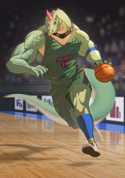 anthro ball basketball_(ball) basketball_court basketball_uniform bottomwear claws clothed clothing collar facial_piercing footwear green_body green_bottomwear green_clothing green_scales green_shirt green_shorts green_topwear head_spikes male muscular muscular_anthro muscular_male nose_piercing piercing purple_spikes scales shirt shoes shorts solo spikes spikes_(anatomy) sportswear studded_collar studs tail text text_on_clothing text_on_shirt text_on_topwear tongue tongue_out topwear uniform yellow_sclera nill321 goat_(movie) sony_corporation sony_pictures modo_olachenko komodo_dragon lizard monitor_lizard reptile scalie 2026 absurd_res digital_media_(artwork) hi_res