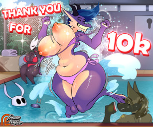 anthro areola big_breasts big_butt bikini black_body blue_hair breasts brown_body brown_fur brown_hair bulge butt clothed clothing erection erection_under_clothing female fur hair horn huge_breasts navel nipples outside partially_submerged poolside purple_body smile sound_effects splash swimming_pool swimwear text thick_thighs topless two-piece_swimsuit wardrobe_malfunction water wide_hips frozenartifice hollow_knight_(franchise) mythology team_cherry hornet_(hollow_knight) ira_(frozenartifice) roxie_(frozenartifice) the_knight_(hollow_knight) arthropod dragon hyena insect mammal mythological_creature mythological_scalie scalie spotted_hyena vessel_(species) 2023 6:5 absurd_res digital_media_(artwork) english_text hi_res