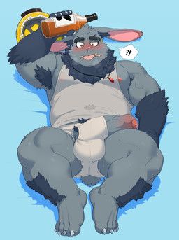 anthro armor armpit_hair barazoku belly black_body black_fur blush body_hair briefs bulge clothing drunk erection eyebrow_piercing eyebrows facial_piercing foreskin fur genitals headgear helmet male musclegut muscular nipples pecs penis penis_poking_out piercing pubes shirt solo substance_intoxication tank_top thick_eyebrows topwear underwear hagom xxl_woofia baade_(xxl_woofia) lagomorph leporid mammal rabbit hi_res