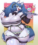 anthro bandeau bare_shoulders beverage big_breasts black_nose blue_body blue_fur blue_hair bottomwear bow_ribbon breasts cleavage clothed clothing curvy_figure eyebrows eyelashes fangs female female_anthro fur hair heart_symbol holding_tray huge_breasts kemono legwear long_hair looking_at_viewer maid_uniform midriff miniskirt multicolored_body multicolored_fur open_mouth open_smile panties sharp_teeth shirt_cuffs skirt sleeves smile solo stockings teeth text thick_thighs thigh_highs topwear translucent translucent_clothing two_tone_body two_tone_fur umbrella_drink underwear uniform voluptuous white_body white_fur wide_hips sususuigi wolf_maid_(sususuigi) canid canine canis mammal wolf 2023 artist_name hi_res signature