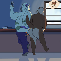 anthro ass_to_ass bar brown_body brown_fur butt butt_bump clothing duo fur hair hair_over_eyes legwear male male/male nude stockings thong underwear yellow_body yellow_fur multisonicrules bandai_namco digimon angoramon digimon_(species) mammal mustelid otter 1:1 hi_res