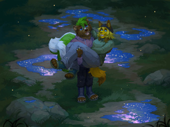 anthro black_bottomwear black_clothing black_pants blonde_hair blue_clothing blue_eyes blue_footwear blue_shoes bottomwear brown_body brown_fur cheek_tuft clothed clothing duo facial_tuft female footwear fully_clothed fur glistening glistening_eyes grass green_body green_clothing green_fur green_hair green_topwear grey_bottomwear grey_clothing grey_pants hair male multicolored_body multicolored_fur narrowed_eyes neck_tuft open_mouth open_smile outside pants pink_clothing pink_topwear plant puddle pupils reflection rock shoes smile standing topwear tuft unsigned white_body white_fur white_pupils yellow_body yellow_fur corzh77 canid canine felid fox hybrid lion mammal mephitid pantherine skunk absurd_res hi_res