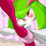 ambiguous_gender blush bodily_fluids not_furry red_eyes solo sweat thin_calves thin_legs thin_thighs pasaran nintendo pokemon generation_3_pokemon humanoid kirlia pokemon_(species) 1:1 digital_media_(artwork) low_res oekaki