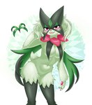 3_fingers anthro blush breast_curtains breasts claws female finger_claws fingers fur green_body green_fur green_hair hair looking_at_viewer mask nude open_mouth open_smile pawpads paws pink_eyes smile solo fluffy_hinu nintendo pokemon generation_9_pokemon meowscarada pokemon_(species) absurd_res hi_res