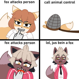 anthro blood bodily_fluids brown_hair clothing collared_shirt dipstick_ears duo ear_markings female hair multicolored_ears necktie net shirt text topwear track_jacket white_hair anonymous_artist bully_fox bully_fox_(robbie) canid canine fox mammal 1:1 4koma comic english_text meme