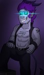 arm_tattoo bare_chest blue_body blue_eyes blue_skin bulge butt clothing hair horn male mature_male muscular not_furry pecs purple_hair raised_tail rockstar_dragon smile solo sugar_daddy tail tattoo tight_clothing topwear vest friday_night_funkin' henry_heart_(fnf_mod) demon demon_humanoid humanoid mammal hi_res