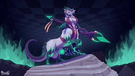 5_fingers balls big_balls big_breasts breasts claws clothed clothing colored_fire ear_piercing erection fingers fire genitals green_claws green_eyes green_fire gynomorph horn intersex knot knotted_penis looking_at_viewer magic_staff melee_weapon partially_clothed penis piercing polearm presenting scales scaly_tail simple_background solo spear spikes spikes_(anatomy) tail tongue tongue_out unusual_anatomy unusual_genitalia unusual_penis weapon sunny_draconis mythology canid canine canis dragon hybrid mammal mythological_creature mythological_scalie scalie taur wolf 16:9 4k absurd_res hi_res widescreen