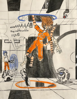 advanced_knee_replacement anthro bangs blue_eyes blue_hair brown_hair cheek_markings clothing confusion door electronics facial_markings falling female flailing fluorescent_light fur group hair head_markings jumpsuit long_fall_boots long_hair long_tail machine male markings musical_note musical_symbol orange_body portal portal_gun radio security security_camera shirt striped_body striped_fur stripes symbol tail tank_top topwear trio wall_(structure) white_clothing white_topwear yelling yellow_eyes dylanaildon_no_2 aperture_science portal_(series) twokinds valve valve_corporation flora_(twokinds) trace_legacy wheatley felid feline human keidran mammal personality_core_(portal) robot hi_res