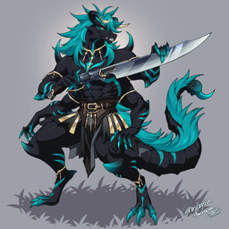 3_toes 4_arms 5_fingers abs anthro biped black_body blue_body blue_fur blue_hair claws digitigrade feet fingers fur gun gunblade hair handgun horn horn_jewelry jewelry kemono male melee_weapon multi_arm multi_limb muscular muscular_male pecs pupils quads ranged_weapon red_eyes revolver segmented_tail sharp_teeth slit_pupils solo stinger stinger_tail sword tail teeth toes weapon crescentia_fortuna mythology arachnid arthropod dragon furred_dragon furred_scalie hybrid mythological_creature mythological_scalie scalie scorpion 1:1 2025 hi_res