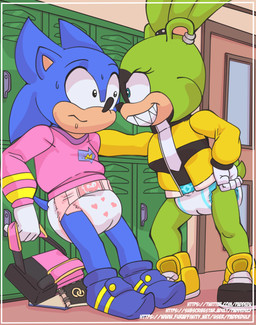 anthro backpack blue_body blue_fur bodily_fluids bullying clothing diaper duo ear_piercing exposed_diaper female fur gloves green_body green_fur grin hallway handwear inside locker male nervous nervous_sweat piercing pink_outfit school sharp_teeth smile smug sweat teeth yellow_outfit paddedulf idw_publishing sega sonic_the_hedgehog_(comics) sonic_the_hedgehog_(idw) sonic_the_hedgehog_(series) sonic_the_hedgehog surge_the_tenrec afrosoricid eulipotyphlan hedgehog mammal tenrec absurd_res hi_res