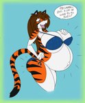 anthro belly big_belly big_breasts bikini breasts clothed clothing dialogue english_text felid female hair hi_res huge_breasts mammal mattfolfsky max_o-zuma pantherine pregnant pregnant_anthro pregnant_female solo swimwear text tiger wouhlven
