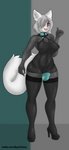 anthro big_breasts breasts bulge clothed clothing dress fingers footwear grey_hair gynomorph hair high_heels inner_ear_fluff intersex legwear pupils red_pupils shoes simple_background solo stockings teeth tongue tuft yukras_abyss canid canine mammal 6:13 absurd_res hi_res