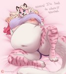 4_toes anthro artist_name bedding bedding_background belly big_belly big_breasts blonde_hair blue_eyes bottomwear breasts clothed clothing dialogue digital_media_(artwork) english_text eyebrow_through_hair eyebrows feet felid female fingers fur hair hi_res highlights_(coloring) huge_belly huge_breasts long_hair lying mammal marzipan_(spottedtigress) multicolored_body multicolored_fur navel nipple_outline nipples obese obese_anthro obese_female on_back open_mouth overweight overweight_anthro overweight_female pantherine panties patreon patreon_logo pink_body pink_fur pink_highlights shaded shirt shirt_tug shorts solo spread_legs spreading striped_body striped_fur stripes text tiger tiggybloom toes topwear translucent translucent_hair underwear white_body white_fur
