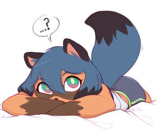anthro black_body black_ears black_fur black_hair blue_body blue_fur blue_hair blue_tail butt crossed_arms ellipsis female female_anthro fur hair looking_at_viewer lying multicolored_eyes multicolored_hair on_front question_mark simple_background solo speech_bubble tail two_tone_hair two_tone_tail conditional_dnp pudgeruffian brand_new_animal cc-by-nc creative_commons studio_trigger michiru_kagemori canid canine mammal raccoon_dog tanuki 2021 absurd_res hi_res