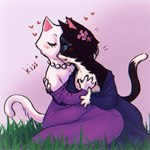 anthro black_body black_fur blue_eyes blush breasts clothing duo eyes_closed female female/female flower_on_head fur gem grass hand_on_breast heart_symbol holding_head jewelry kissing kissing_cheek necklace pearl_(gem) pearl_necklace plant purple_clothing shy white_body white_fur chura_nim dreamworks puss_in_boots_(franchise) dulcinea_(puss_in_boots) kitty_softpaws domestic_cat felid feline felis mammal