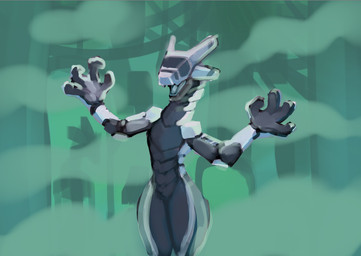 anthro blue_body blue_eyes blue_light gas horn laboratory looking_at_viewer machine male nude plate poison simple_background smile solo tail tall tongue visor white_body wide_hips hofi-peak hofi_(hofi_peak) android robot scalie synth_(vader-san)