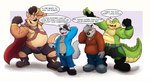 anthro bottomwear brown_body clothing dialogue embarrassed green_body grey_body group hat headgear headwear hoodie male moobs musclegut muscular overweight overweight_male pants shorts text topwear mezasalvador brok_the_investigator cowcat_games brok_(brok_the_investigator) graff_filsh sin_silver alligator alligatorid crocodilian domestic_cat felid feline felis kangaroo macropod mammal marsupial reptile scalie 2022 english_text hi_res