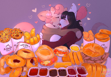 2_horns anthro beef big_breasts black_hair blue_eyes blush bodily_fluids breasts brown_clothing brown_topwear burger chicken_meat chicken_nugget clothing duo ear_piercing fast_food female female/female food hair heart_symbol horn hug kissing meat mukbang narrowed_eyes onion_rings piercing pink_body pink_hair pink_nose purple_body red_clothing red_topwear saliva saliva_string sauce simple_background sweater tail teeth tongue tongue_out topwear creamedpufff arby's mello_(creamedpufff) bovid caprine mammal mouse murid murine rodent sheep 2024 hi_res signature