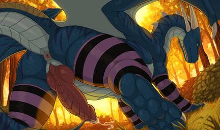 blue_body blue_eyes blue_scales erection feral forest forest_background genitals grass horn knot male nature nature_background penis pink_knot pink_penis plant scales solo tree ventral_scales white_horn darkforestt mythology dragon mythological_creature mythological_scalie scalie hi_res