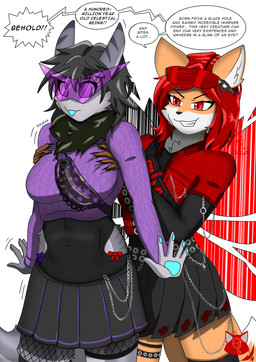 accessory anthro belly black_bag black_bottomwear black_clothing black_hair black_skinsuit black_skirt bleh blue_tongue bottomwear carrying_another clothing crop_top dialogue duo eyewear eyewear_on_head female female/female fluffy hair holding_up_other_character motion_lines neck_tuft purple_clothing purple_sweater purple_topwear red_clothing red_crop_top red_hair red_shirt red_topwear shirt skinsuit skirt smug_face speech_bubble sunglasses sunglasses_on_face sunglasses_on_head sweater text tight_clothing tongue topwear tuft wearing_sunglasses wings shuiroraijin aquatic canid canine fish fox mammal red_fox requiem_shark shark tiger_shark true_fox comic english_text hi_res