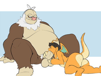 anthro balls big_balls black_hair brown_body brown_fur butt claws duo earless erection fangs fellatio frown fur genitals hair long_ears lying male male/male male_penetrated male_penetrating male_penetrating_male nude oral orange_body overweight penetration penile penis pink_nose pubes sex simple_background sitting smile spread_legs spreading tail teeth white_body white_fur wings conditional_dnp erobos mythology nintendo pokemon augury_(character) dragon dragonite generation_1_pokemon generation_3_pokemon mammal mythological_creature mythological_scalie pokemon_(species) primate scalie slaking 4:3 digital_media_(artwork)