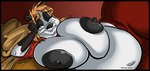 anthro areola belly big_areola big_breasts black_body black_border black_fur black_nipples blonde_hair blue_eyes border bottomwear breasts clothing female fur hair huge_breasts navel nipples overweight overweight_anthro overweight_female pants pillow solo white_body white_fur dutch_(artist) misty_the_mouse apple_(dutch) bear giant_panda mammal 2018 digital_media_(artwork)