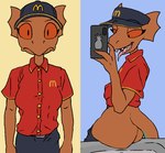 anthro baseball_cap before_and_after big_butt bottomwear bottomwear_down breasts butt cellphone clothed clothing collared_shirt dress_shirt electronics fangs female half-closed_eyes hat headgear headwear looking_at_viewer narrowed_eyes open_mouth pants pants_down partially_clothed phone red_sclera selfie sharp_teeth shirt simple_background smartphone solo tail teeth tongue topwear uniform visor_cap general_proton bethesda_game_studios domino's_employee_before_and_after mcdonald's microsoft oblivion prequel_adventure the_elder_scrolls quill-weave argonian reptile scalie 2025 meme