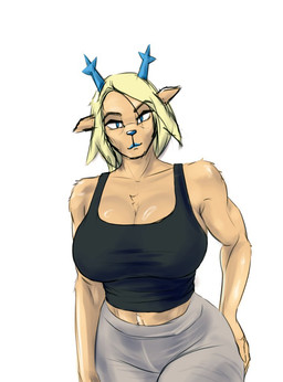 2_horns anthro antlers arm_tuft athletic_wear bare_shoulders belly_tuft biceps big_breasts biped black_clothing black_eyebrows black_shirt black_tank_top black_topwear blonde_hair blue_antlers blue_eyes blue_horn blue_lipstick blue_nose breasts chest_fur chest_tuft closed_smile clothed clothed_anthro clothed_female clothing collarbone curved_eyebrows eyebrow_through_hair eyebrows eyelashes female fingers fully_clothed fully_clothed_anthro fully_clothed_female fur fur_tuft glistening glistening_arms glistening_body glistening_breasts glistening_fur glistening_nose glistening_shoulders grey_clothing grey_leggings grey_legwear hair hand_on_leg hand_on_own_leg horn humanoid_hands iris leggings legwear light_body light_fur light_hair lipstick looking_at_viewer makeup mature_anthro mature_female medium_hair midriff monotone_body monotone_fur mouth_closed no_pupils shirt shoulder_tuft simple_background smile smiling_at_viewer snout solo standing tan_body tan_breasts tan_ears tan_fur tank_top tear_trough three-quarter_view topwear translucent translucent_hair tuft white_background white_sclera brainmen3 deltarune undertale_(series) carol_holiday deer mammal new_world_deer reindeer 2025 digital_drawing_(artwork) digital_media_(artwork) portrait three-quarter_portrait