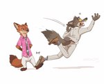 4_fingers 4_toes anthro barefoot black_nose bottomwear brown_body brown_fur clothed clothed_anthro clothed_male clothing duo fangs feet fingers footwear fur gloves_(marking) hindpaw humanoid_hands leg_markings male markings multicolored_body multicolored_fur open_mouth pants paws red_body red_fur shoes size_difference smug socks_(marking) speech_bubble suit tail tan_body tan_fur teeth toes tongue tripping two_tone_body two_tone_fur aar0njay disney dreamworks the_bad_guys zootopia mr._wolf_(the_bad_guys) nick_wilde canid canine canis fox mammal wolf 2025 hi_res