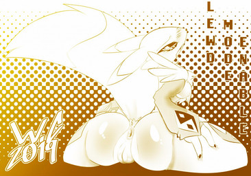 anthro anus armor blush breasts butt chest_tuft clothing female gauntlets genitals gloves gradient handwear looking_back nipples presenting presenting_hindquarters raised_tail rear_view solo tail text tuft vulva yin_yang white_crest_(artist) bandai_namco digimon canid canine digimon_(species) mammal renamon 2019 screentone signature