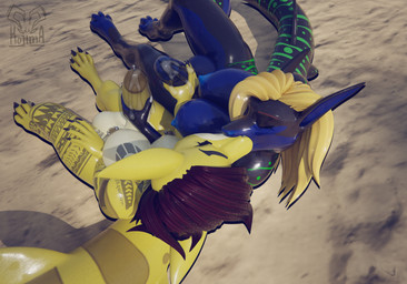 anthro areola balls big_balls big_breasts blue_areola blue_balls blue_breasts blue_glans blue_nipples blue_penis bodily_fluids breasts claws duo eyes_closed feet genital_fluids genitals glans glistening glistening_areola glistening_body glistening_breasts glistening_ears glistening_face glistening_feet glistening_genitalia glistening_glans glistening_legs glistening_nipples glistening_penis glistening_skin glistening_tail glistening_thighs gynomorph gynomorph/gynomorph hair intersex intersex/intersex kissing mutual_masturbation nipples nude penis sand white_balls white_breasts yellow_penis kojima_(artist) alexandra_(shalaras) sierra_mizukazei aquatic fish shark hi_res