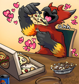ambiguous_gender anthro beak beverage beverage_can black_body black_feathers box chair cheese container cutlery dairy_products eating eating_food enjoying feathers food fork fungus furniture heart_symbol hearts_around_head holding_object kitchen_utensils mushroom on_chair open_beak open_mouth orange_body orange_feathers pepperoni pepperoni_pizza pizza pizza_box pizza_slice poutine red_body red_feathers simple_background sitting sitting_at_table sitting_on_chair smile soda solo sparkles table text tongue tools wood wood_furniture wood_table yellow_body yellow_feathers cthulhuhu pepsi avian bird digital_media_(artwork) english_text hi_res