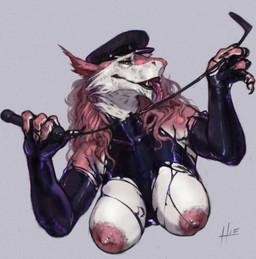 anthro areola bdsm breasts claws clothed clothing gynomorph hat headgear headwear intersex latex licking lips looking_at_viewer nipples nude nude_anthro partially_clothed seductive smug smug_face solo teeth thick_lips tongue whip hierro_(artist) vpaws animate_inanimate living_clothing sergal hi_res